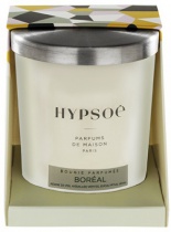 Hypsoé scented candles presented in a white frosted glass with a brushed aluminium lid. Cardboard box with the Hypsoé colors (yellow, black, ping, grey) Frangrance : boréal