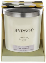 Hypsoé scented candles presented in a white frosted glass with a brushed aluminium lid. Cardboard box with the Hypsoé colors (yellow, black, ping, grey) Frangrance : or jaune