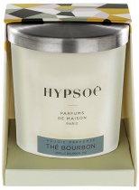 Hypsoé scented candles presented in a white frosted glass with a brushed aluminium lid. Cardboard box with the Hypsoé colors (yellow, black, ping, grey) Frangrance : thé bourbon