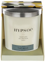 Hypsoé scented candles presented in a white frosted glass with a brushed aluminium lid. Cardboard box with the Hypsoé colors (yellow, black, ping, grey) Frangrance : thé noir