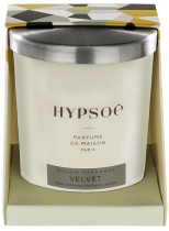 Hypsoé scented candles presented in a white frosted glass with a brushed aluminium lid. Cardboard box with the Hypsoé colors (yellow, black, ping, grey) Frangrance : velvet