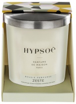 Hypsoé scented candles presented in a white frosted glass with a brushed aluminium lid. Cardboard box with the Hypsoé colors (yellow, black, ping, grey) Frangrance : zeste